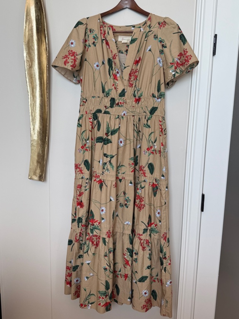 Anthropologie Tan Maxi Dress with Red & Green Floral Print